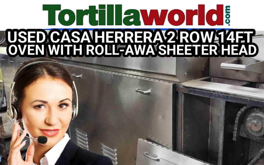 Used Casa Herrera 2 row corn tortilla 14 ft. oven/roll-away sheeter head for sale.