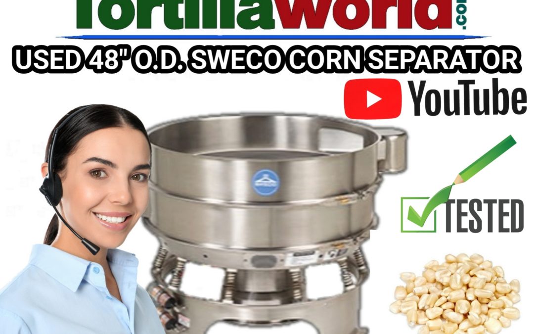 Used Sweco 48″ Nixtamalized corn pericarp drain separator for sale.