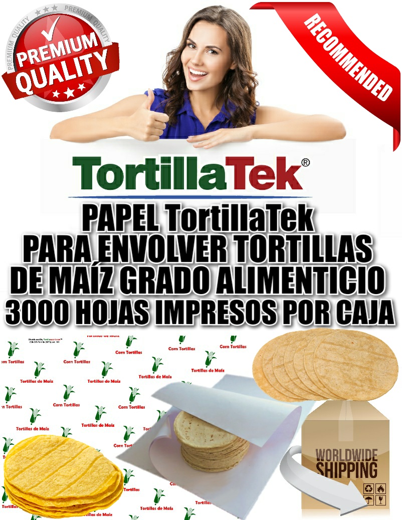 Tortillaworld™ sells printed pre-cut paper used for wrapping hot corn tortillas by the case of 3,000 Food Grade FDA registered sheets.