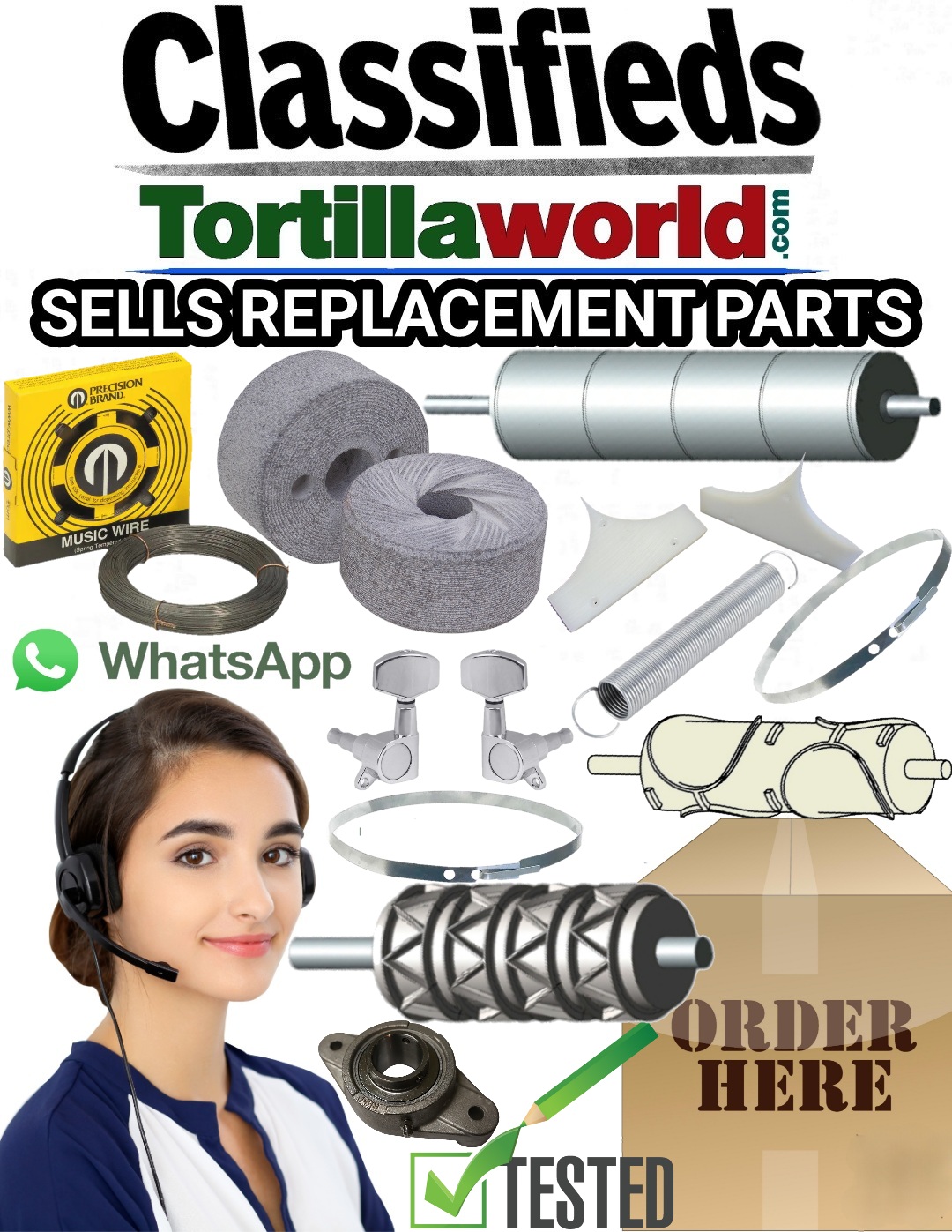 Tortillaworld™ sells replacement parts for corn & flour tortilla equipment including corn tortilla die cutters, sheeter head rollers, music wire, sheeter head bands, slat belting, lava stones, sprockets, chains, teflon belts for flour press and more