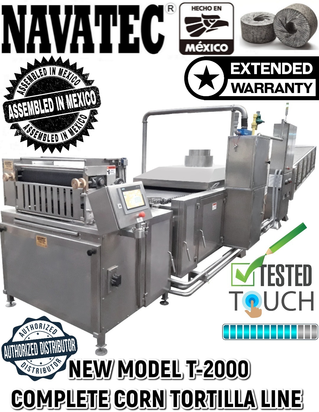 New Navatec® T-2000 is a 12 foot in length 4 row corn tortilla oven that can make up to 24,000 corn tortillas per hour for sale in the US with an extended manufacturers warranty exclusively by Tortillaworld.com. Call us at 773-882-2308 for pricing or more information. Specs: 3 slat belt baking bands, pre-mix combustion system, tachometer. 8.5" O.D. rollers, electronic variable speed control, Independent manually adjusted burner, variable speed blower, stainless steel frame, emergency stop wand for quick & easy stopping, standard button controls & electrical components, 230V/3phase and natural gas/propane gas, Options: CB-5 balance weave baking bands, Infrared burners over top belt, rubber exit belt conveyor, teflon coated rollers, 440V3 phase, PLC touchscreen made with all American made quality controls & electrical component